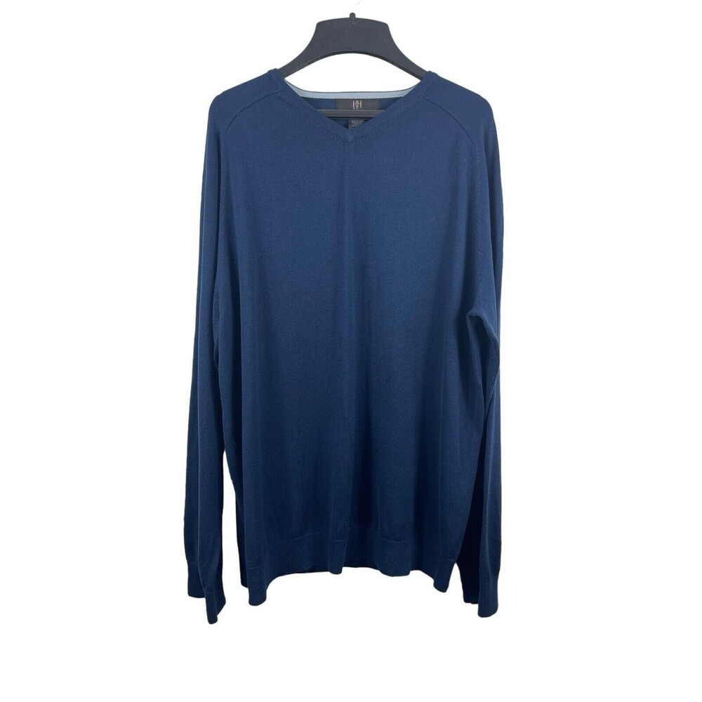 H&H Navy Blue Pullover V-neck Long Sleeve Silk Cotton Blend Sweater L